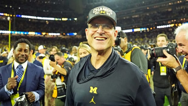 Former Michigan Wolverines coach Jim Harbaugh after winning the national championship.